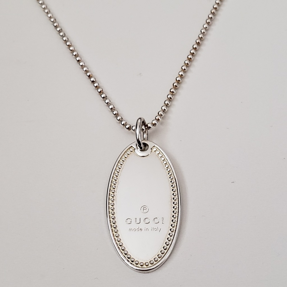 Gucci Sterling Silver Trademark Oval Tag Pendant Ball Chain Necklace